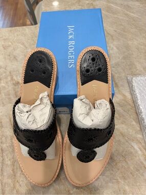 Jack Rogers Jacks II Flat Sandals Black/Natural Size 12 NWOT
